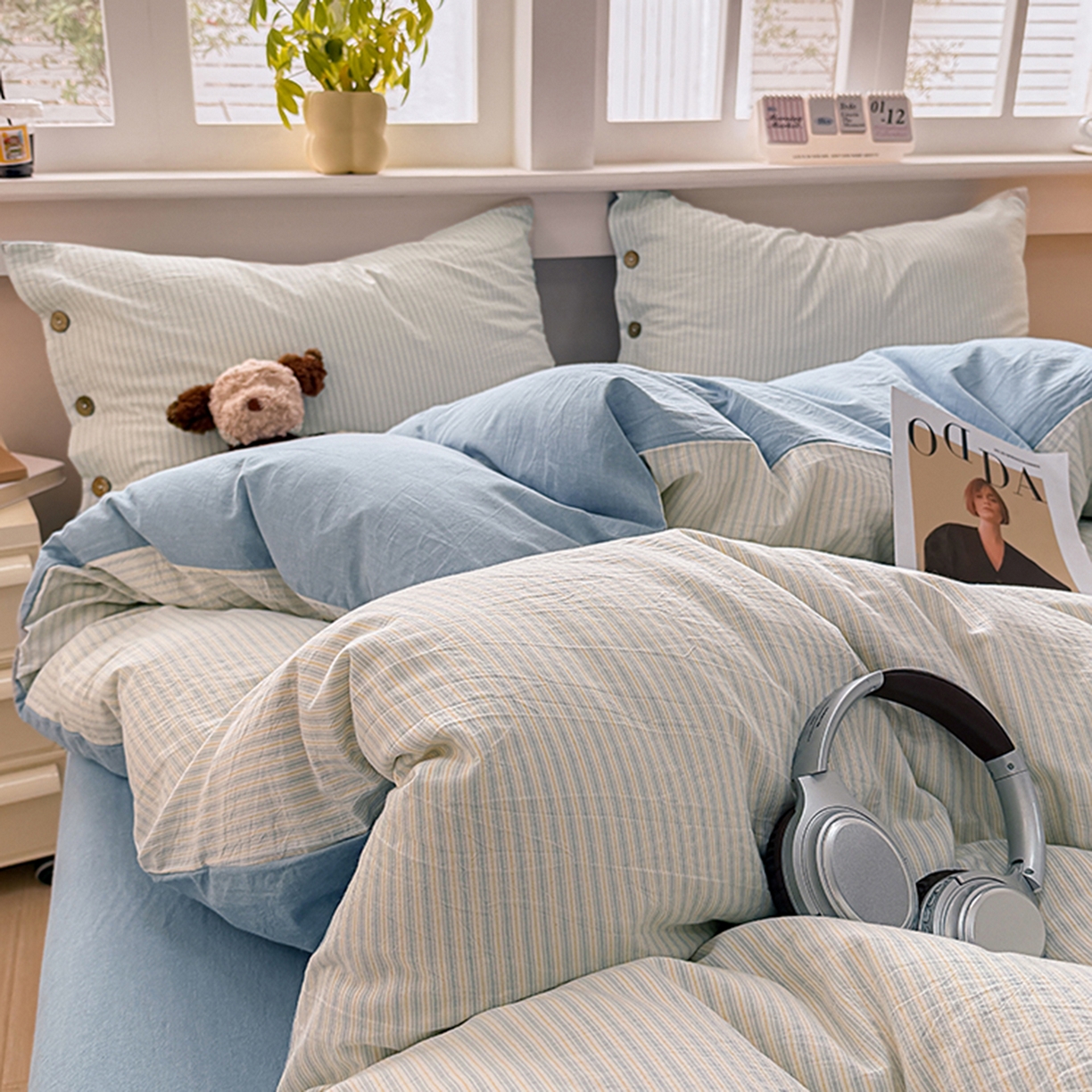 91家纺网 家纺一手货源 找家纺 梦依依 2026新款A类全棉色织水洗棉纯棉格子钮扣款四件套学生宿舍三件套 玛丽