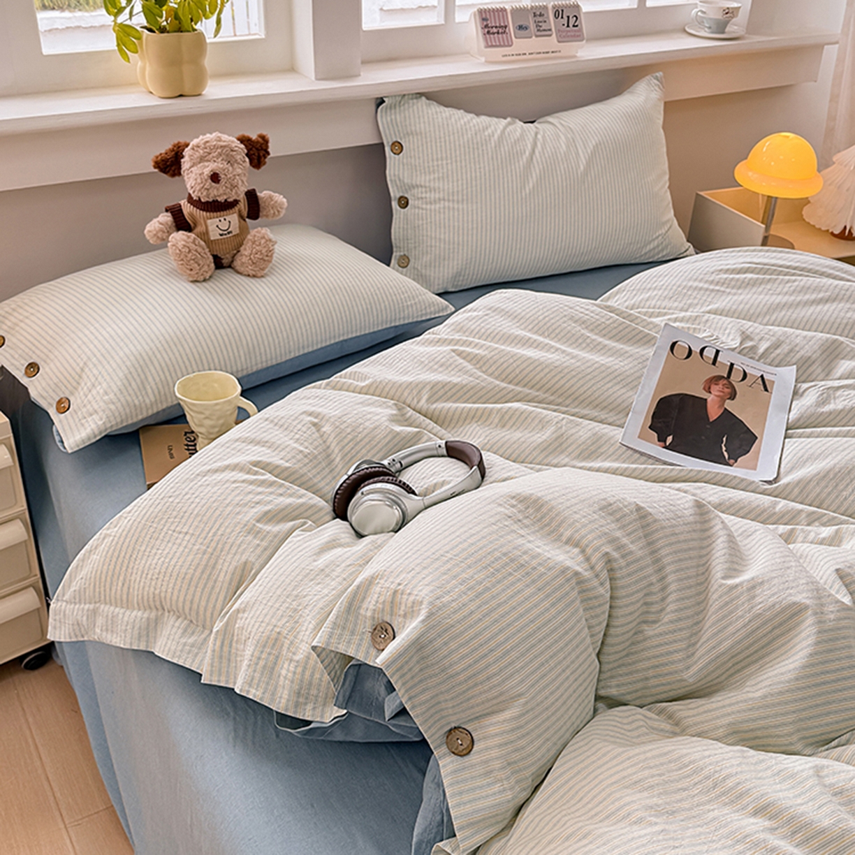 91家纺网 家纺一手货源 找家纺 梦依依 2026新款A类全棉色织水洗棉纯棉格子钮扣款四件套学生宿舍三件套 玛丽