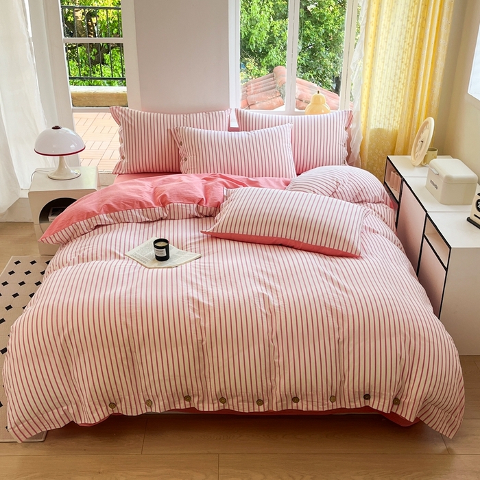 91家纺网 家纺一手货源 找家纺 梦依依 2026新款A类全棉色织水洗棉纯棉格子钮扣款四件套学生宿舍三件套 粉苏条