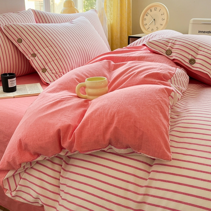 91家纺网 家纺一手货源 找家纺 梦依依 2026新款A类全棉色织水洗棉纯棉格子钮扣款四件套学生宿舍三件套 粉苏条