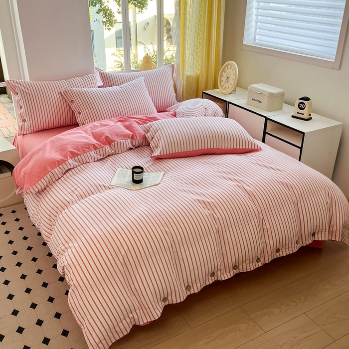 91家纺网 家纺一手货源 找家纺 梦依依 2026新款A类全棉色织水洗棉纯棉格子钮扣款四件套学生宿舍三件套 粉苏条