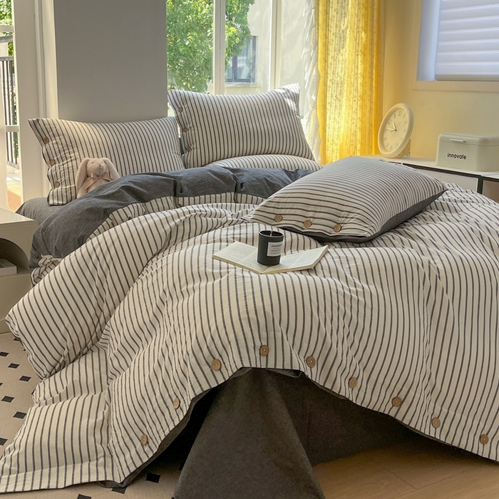 91家纺网 家纺一手货源 找家纺 梦依依 2026新款A类全棉色织水洗棉纯棉格子钮扣款四件套学生宿舍三件套 黑苏条