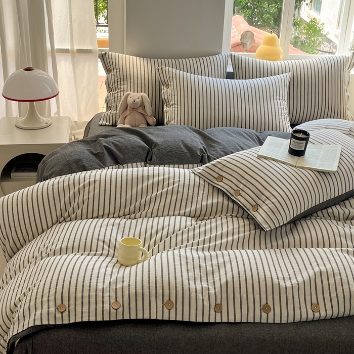 91家纺网 家纺一手货源 找家纺 梦依依 2026新款A类全棉色织水洗棉纯棉格子钮扣款四件套学生宿舍三件套 黑苏条