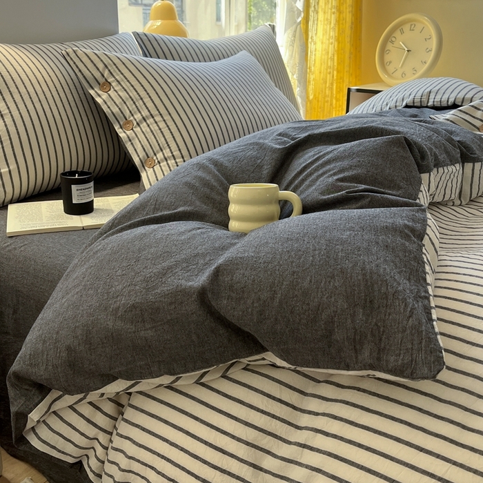 91家纺网 家纺一手货源 找家纺 梦依依 2026新款A类全棉色织水洗棉纯棉格子钮扣款四件套学生宿舍三件套 黑苏条