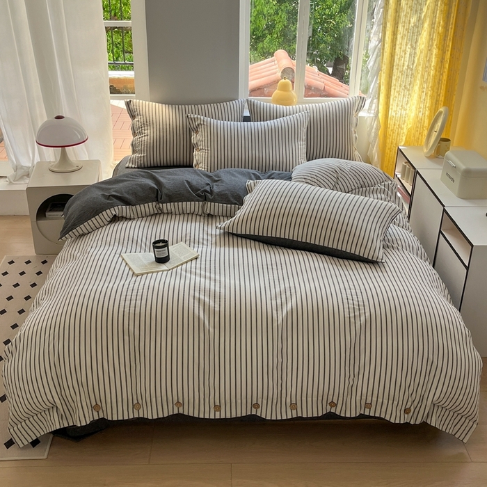 91家纺网 家纺一手货源 找家纺 梦依依 2026新款A类全棉色织水洗棉纯棉格子钮扣款四件套学生宿舍三件套 黑苏条