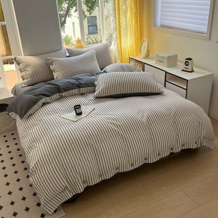 91家纺网 家纺一手货源 找家纺 梦依依 2026新款A类全棉色织水洗棉纯棉格子钮扣款四件套学生宿舍三件套 黑苏条