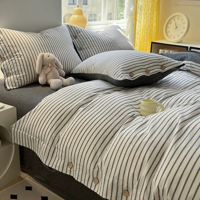 91家纺网 家纺一手货源 找家纺 梦依依 2026新款A类全棉色织水洗棉纯棉格子钮扣款四件套学生宿舍三件套 黑苏条