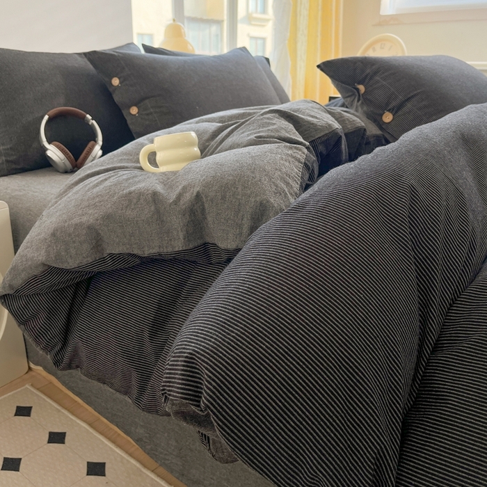 梦依依 2026新款A类全棉色织水洗棉纯棉格子钮扣款四件套学生宿舍三件套 黑细条