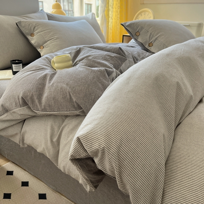 梦依依 2026新款A类全棉色织水洗棉纯棉格子钮扣款四件套学生宿舍三件套 灰细条