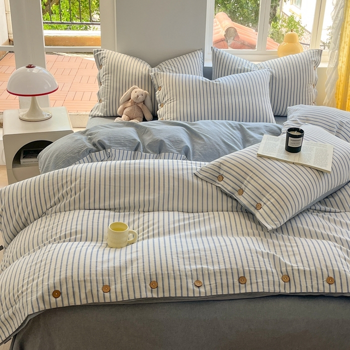 91家纺网 家纺一手货源 找家纺 梦依依 2026新款A类全棉色织水洗棉纯棉格子钮扣款四件套学生宿舍三件套 蓝苏条