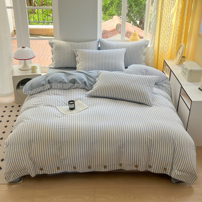 91家纺网 家纺一手货源 找家纺 梦依依 2026新款A类全棉色织水洗棉纯棉格子钮扣款四件套学生宿舍三件套 蓝苏条