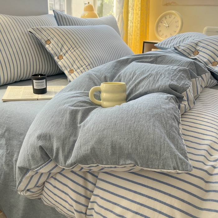 91家纺网 家纺一手货源 找家纺 梦依依 2026新款A类全棉色织水洗棉纯棉格子钮扣款四件套学生宿舍三件套 蓝苏条