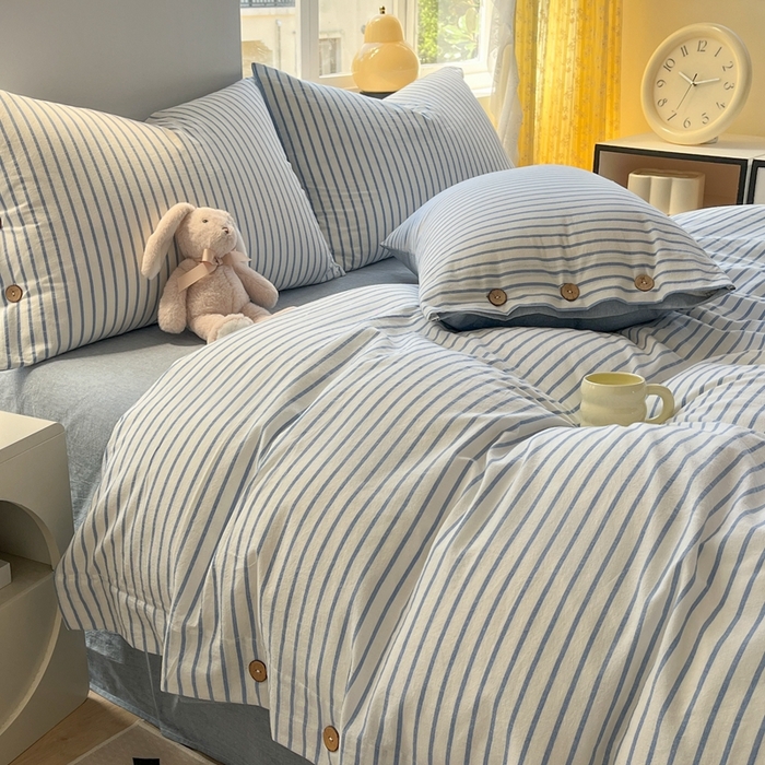 91家纺网 家纺一手货源 找家纺 梦依依 2026新款A类全棉色织水洗棉纯棉格子钮扣款四件套学生宿舍三件套 蓝苏条