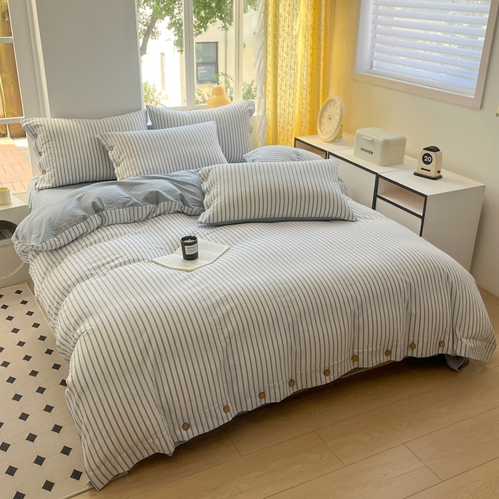 91家纺网 家纺一手货源 找家纺 梦依依 2026新款A类全棉色织水洗棉纯棉格子钮扣款四件套学生宿舍三件套 蓝苏条