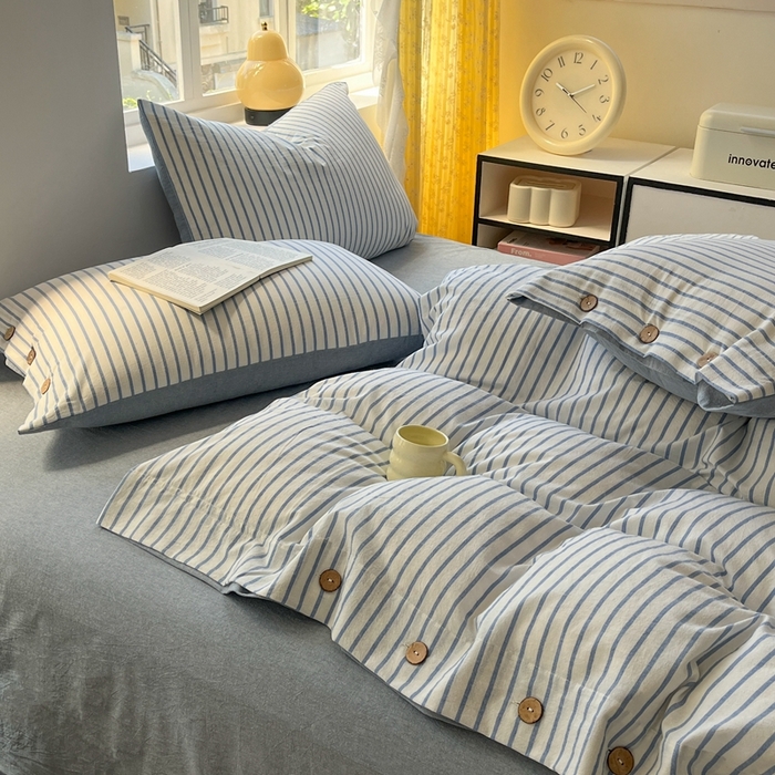 91家纺网 家纺一手货源 找家纺 梦依依 2026新款A类全棉色织水洗棉纯棉格子钮扣款四件套学生宿舍三件套 蓝苏条