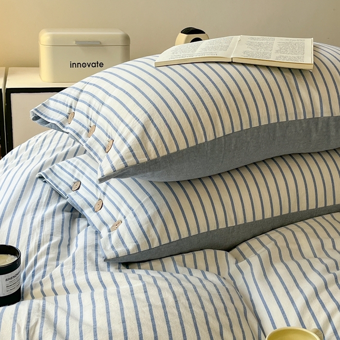 91家纺网 家纺一手货源 找家纺 梦依依 2026新款A类全棉色织水洗棉纯棉格子钮扣款四件套学生宿舍三件套 蓝苏条