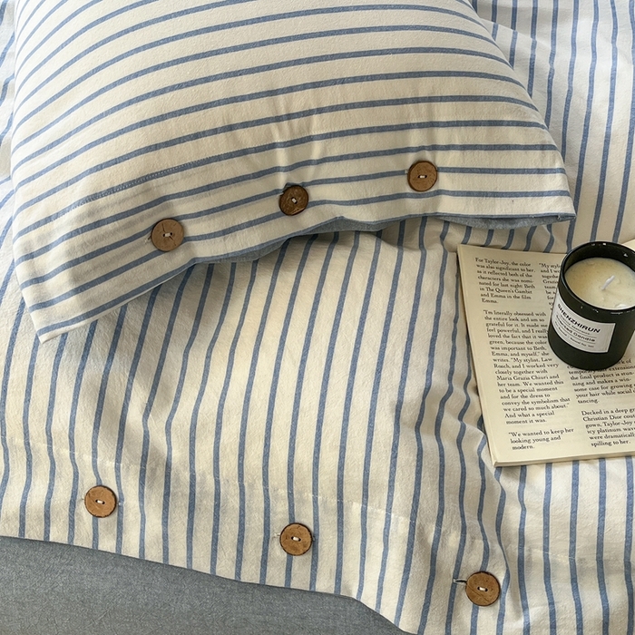 91家纺网 家纺一手货源 找家纺 梦依依 2026新款A类全棉色织水洗棉纯棉格子钮扣款四件套学生宿舍三件套 蓝苏条