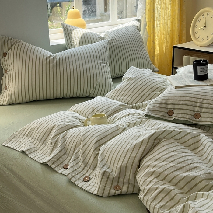 91家纺网 家纺一手货源 找家纺 梦依依 2026新款A类全棉色织水洗棉纯棉格子钮扣款四件套学生宿舍三件套 绿苏条