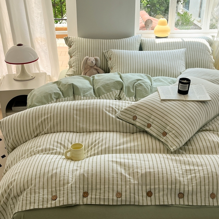 91家纺网 家纺一手货源 找家纺 梦依依 2026新款A类全棉色织水洗棉纯棉格子钮扣款四件套学生宿舍三件套 绿苏条