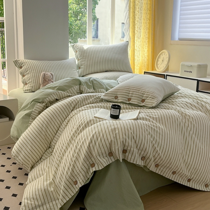 91家纺网 家纺一手货源 找家纺 梦依依 2026新款A类全棉色织水洗棉纯棉格子钮扣款四件套学生宿舍三件套 绿苏条