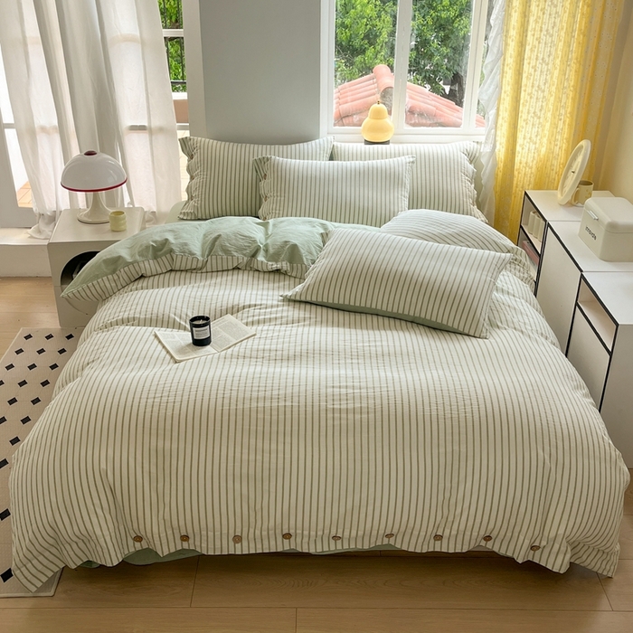 91家纺网 家纺一手货源 找家纺 梦依依 2026新款A类全棉色织水洗棉纯棉格子钮扣款四件套学生宿舍三件套 绿苏条