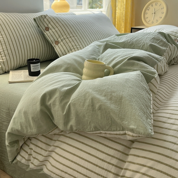 91家纺网 家纺一手货源 找家纺 梦依依 2026新款A类全棉色织水洗棉纯棉格子钮扣款四件套学生宿舍三件套 绿苏条