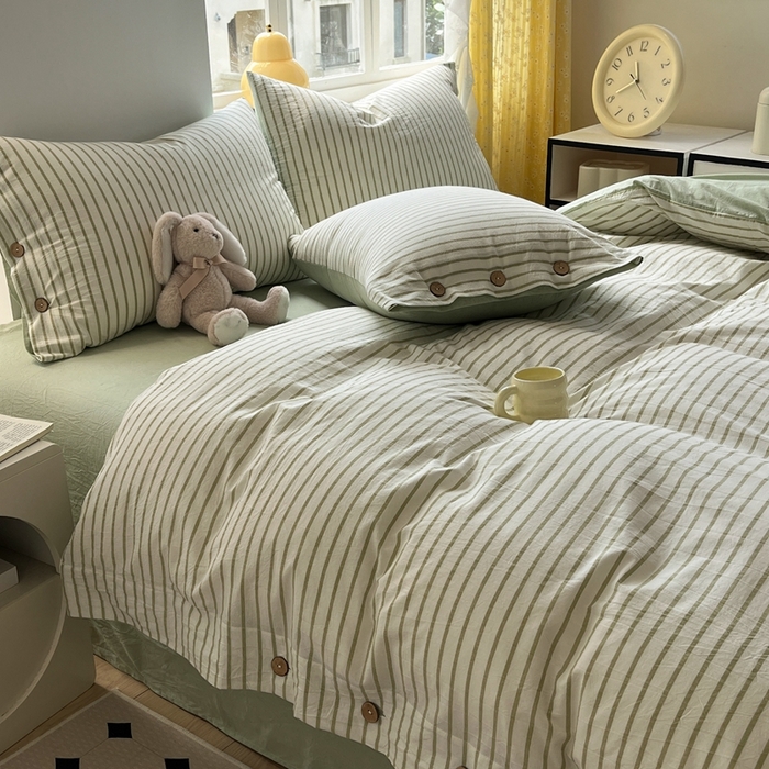 91家纺网 家纺一手货源 找家纺 梦依依 2026新款A类全棉色织水洗棉纯棉格子钮扣款四件套学生宿舍三件套 绿苏条