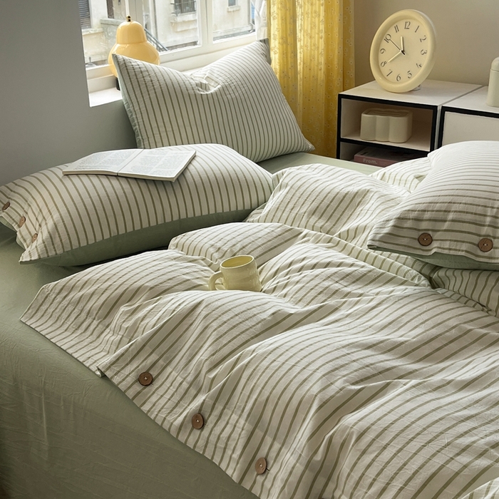 91家纺网 家纺一手货源 找家纺 梦依依 2026新款A类全棉色织水洗棉纯棉格子钮扣款四件套学生宿舍三件套 绿苏条