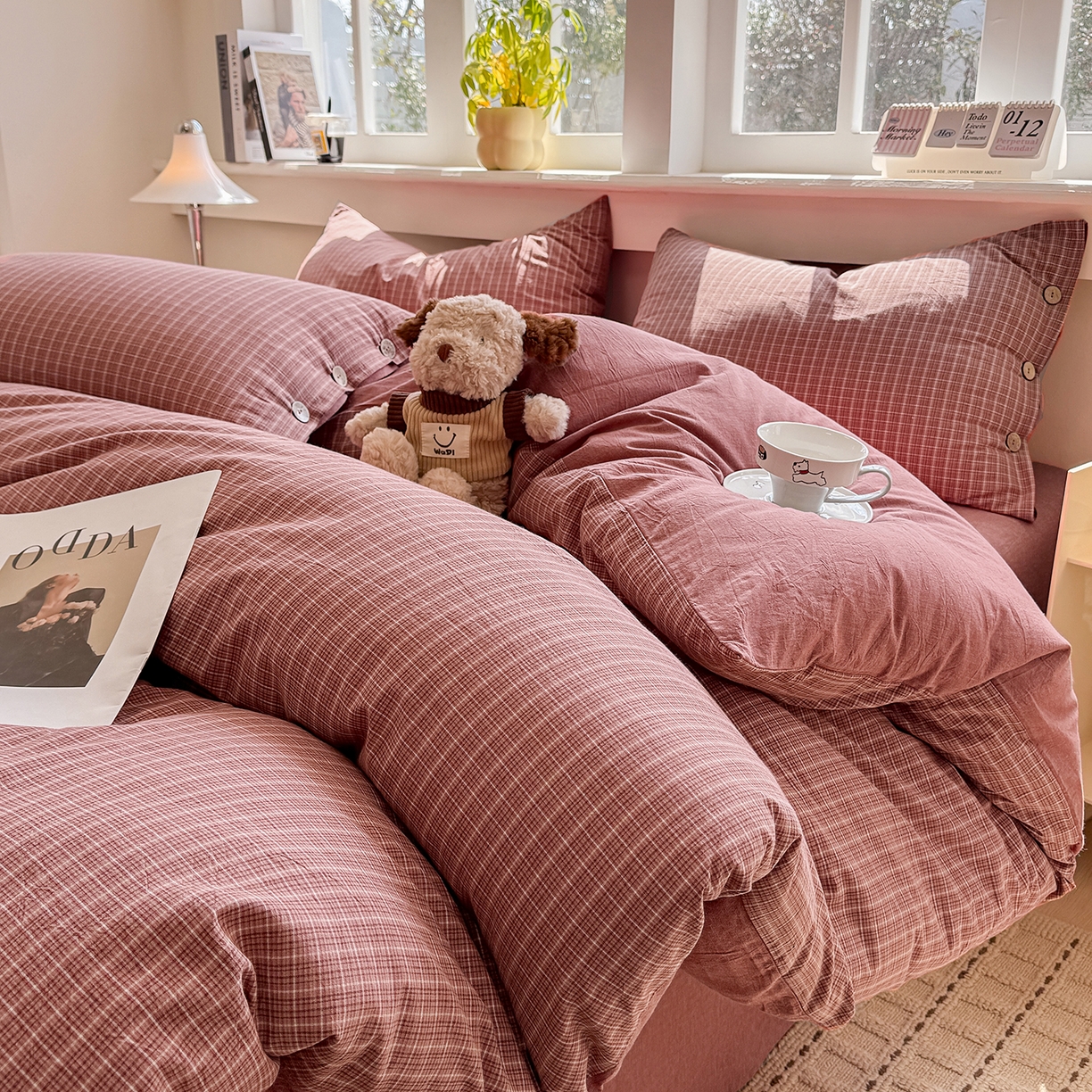 梦依依 2026新款A类全棉色织水洗棉纯棉格子钮扣款四件套学生宿舍三件套 晚晴红