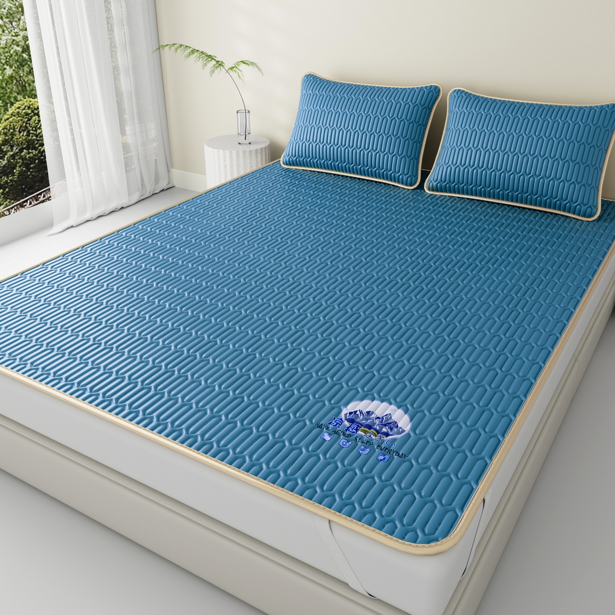 91家纺网 家纺一手货源 找家纺 奇丝雅 2026新款夏季A类乳胶凉席冰丝席纯色家用双人冰丝凉席席子-大床 富士山-典雅蓝