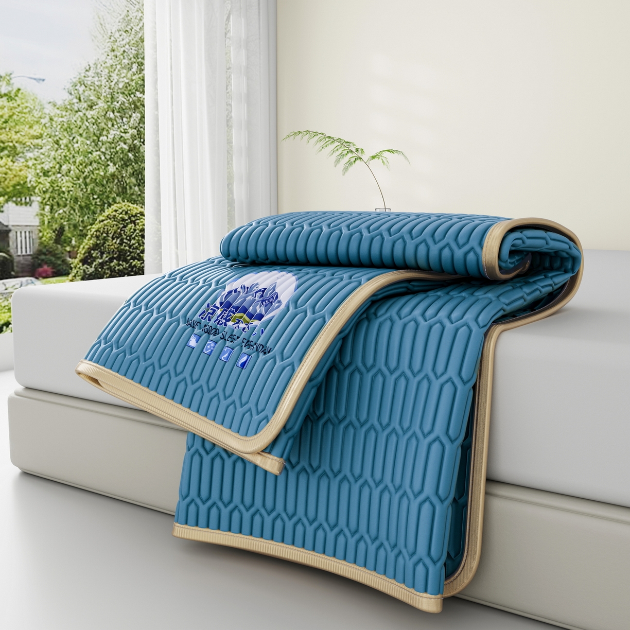 91家纺网 家纺一手货源 找家纺 奇丝雅 2026新款夏季A类乳胶凉席冰丝席纯色家用双人冰丝凉席席子-大床 富士山-典雅蓝