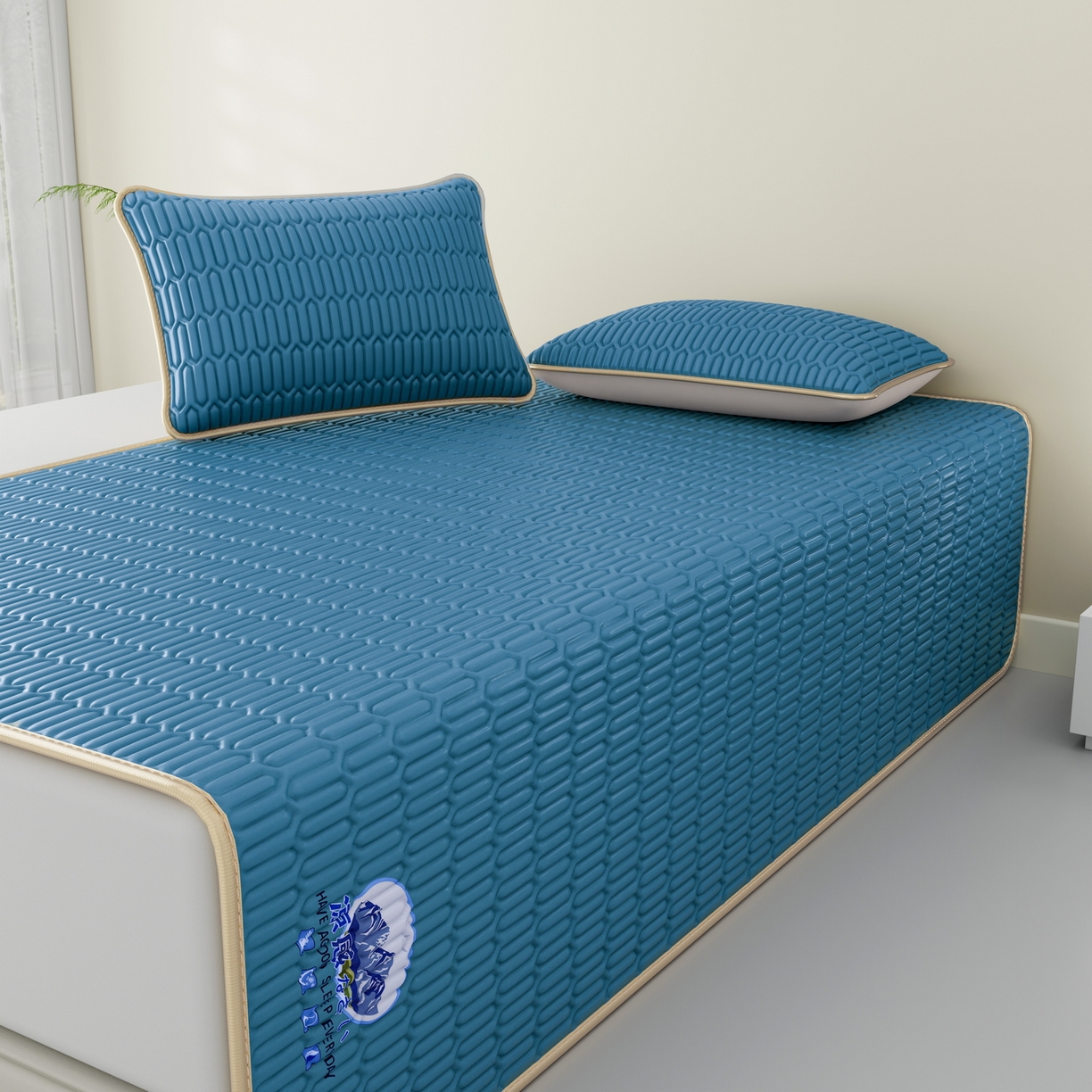 91家纺网 家纺一手货源 找家纺 奇丝雅 2026新款夏季A类乳胶凉席冰丝席纯色家用双人冰丝凉席席子-大床 富士山-典雅蓝