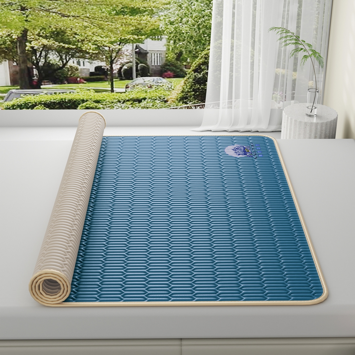 91家纺网 家纺一手货源 找家纺 奇丝雅 2026新款夏季A类乳胶凉席冰丝席纯色家用双人冰丝凉席席子-大床 富士山-典雅蓝