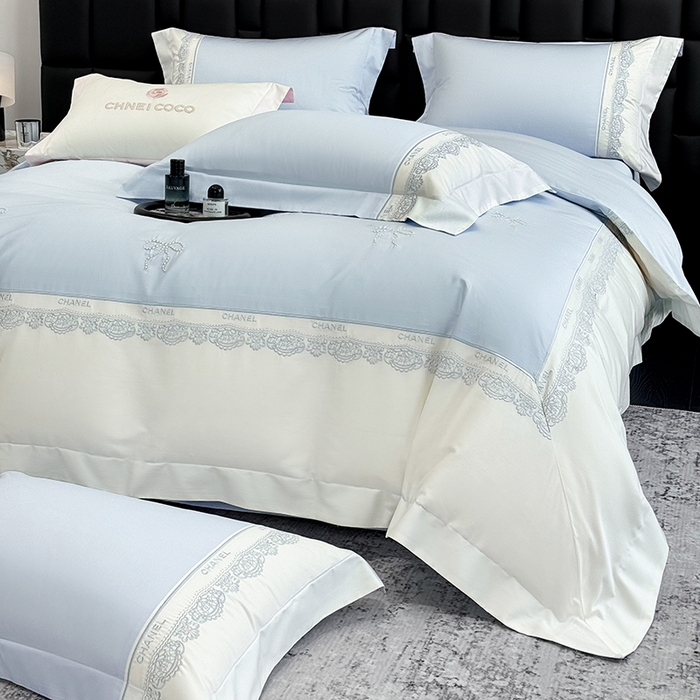 丞音家纺 2026新款A类少女公主风双股100支贡缎长绒棉四件套刺绣被套绣花床笠高档礼盒装 露熙-迷雾蓝