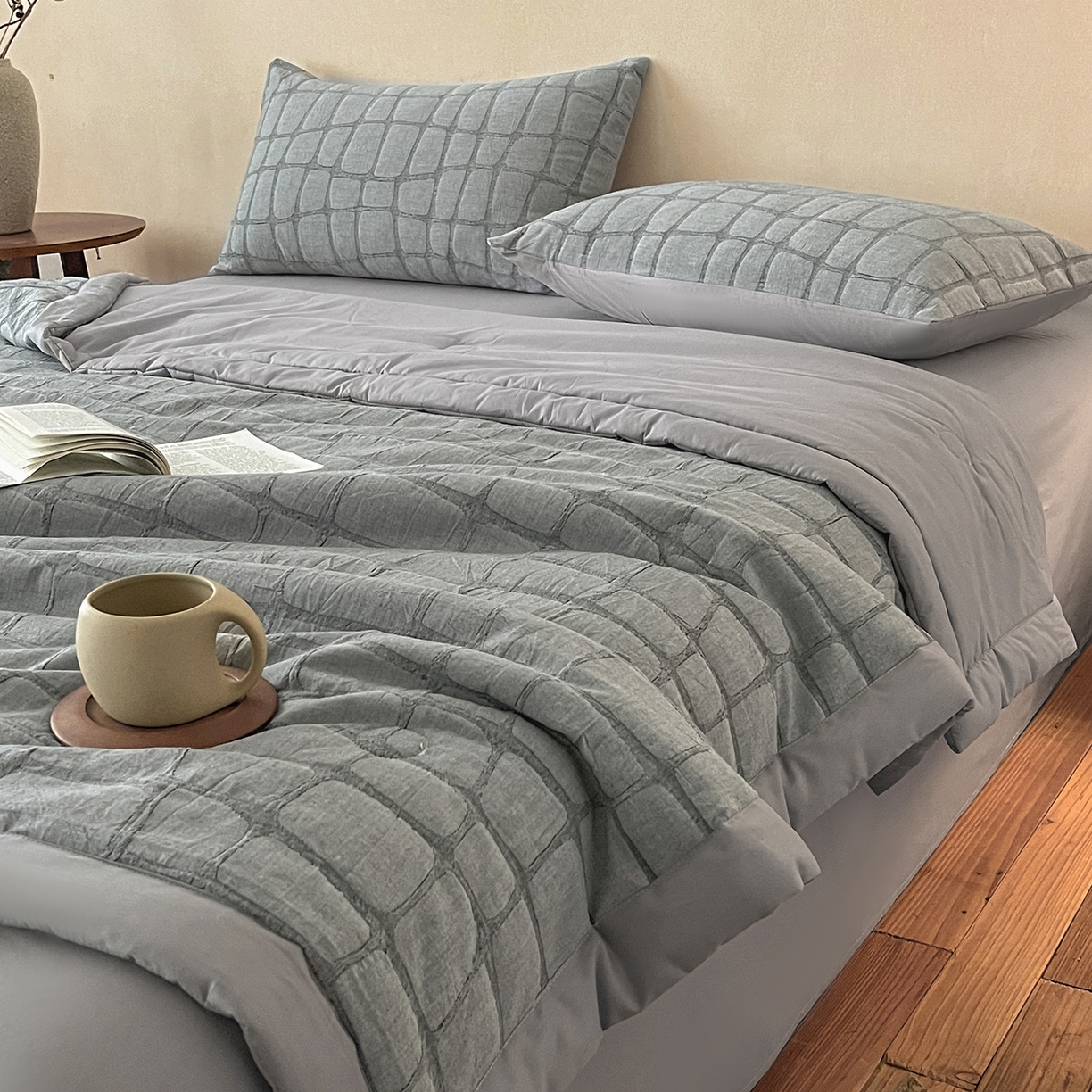 91家纺网 家纺一手货源 找家纺 （总）吾诺家居 2026新款全棉纯棉大提花新疆棉花夏被夏凉被空调被四件套-石纹