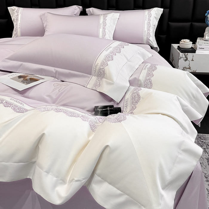 91家纺网 家纺一手货源 找家纺 丞音家纺 2026新款A类少女公主风双股100支贡缎长绒棉四件套刺绣被套绣花床笠高档礼盒装 露熙-香芋紫