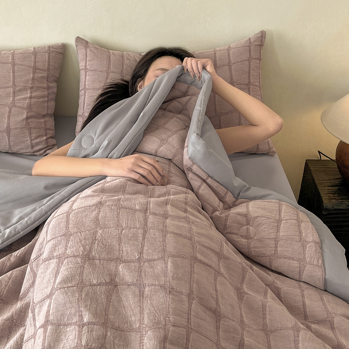 91家纺网 家纺一手货源 找家纺 吾诺家居 2026新款全棉纯棉大提花新疆棉花夏被夏凉被空调被四件套-石纹 石纹-豆沙