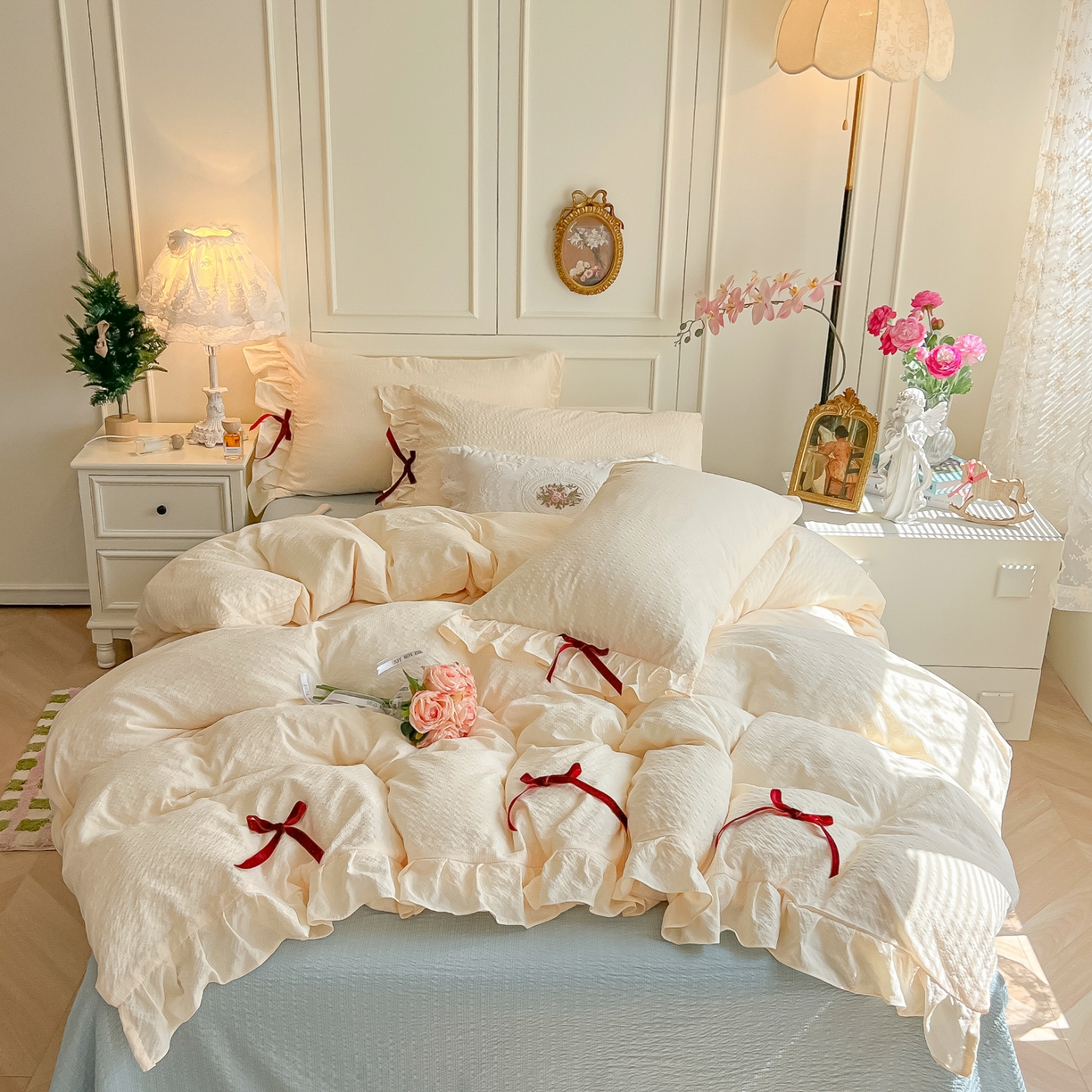 91家纺网 家纺一手货源 找家纺 （总）子钦家纺 2026春夏新款提花泡芙棉花边蝴蝶结床单床笠四件套-甜心公主