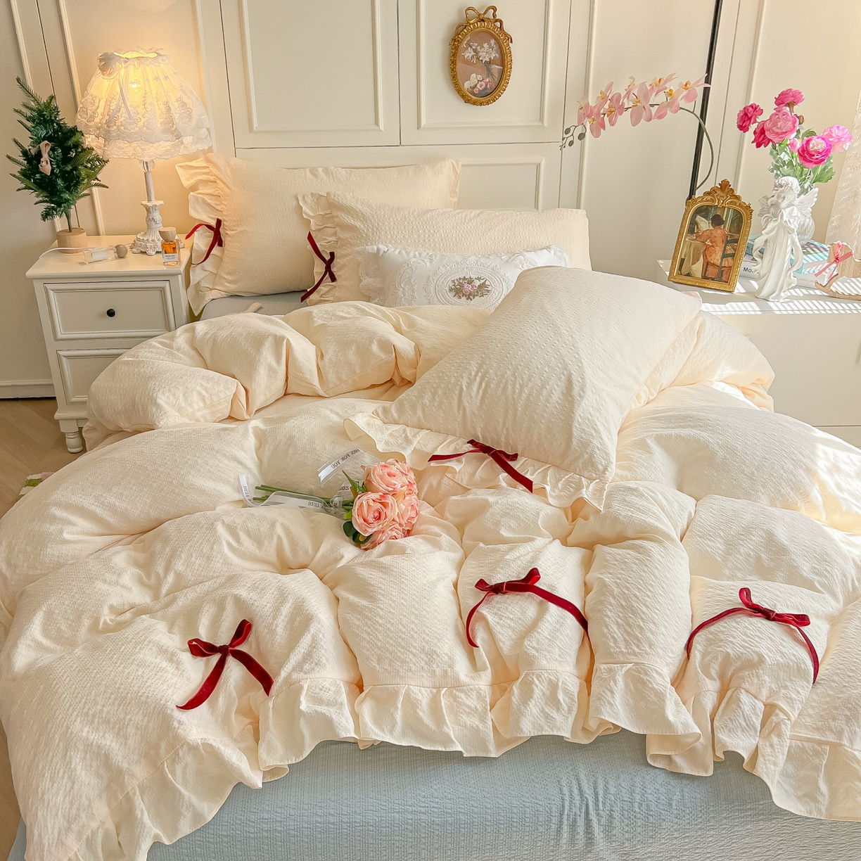 91家纺网 家纺一手货源 找家纺 （总）子钦家纺 2026春夏新款提花泡芙棉花边蝴蝶结床单床笠四件套-甜心公主