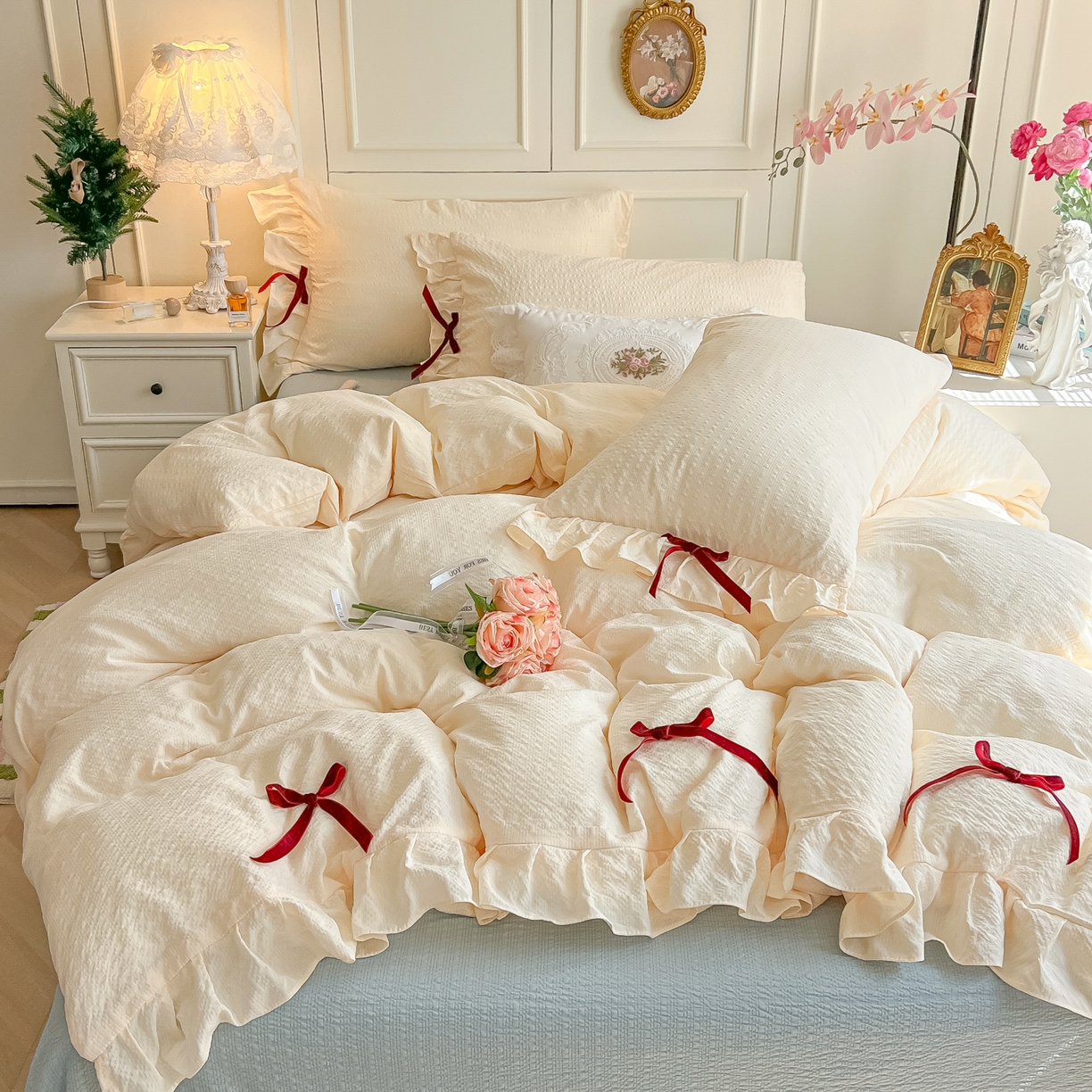 91家纺网 家纺一手货源 找家纺 （总）子钦家纺 2026春夏新款提花泡芙棉花边蝴蝶结床单床笠四件套-甜心公主