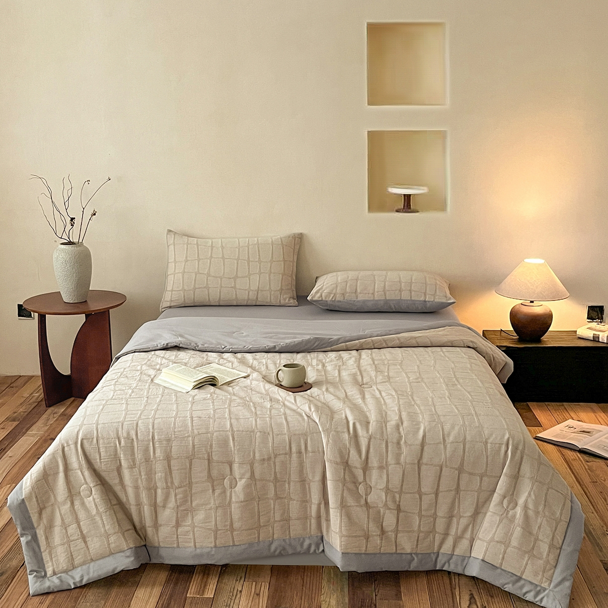 91家纺网 家纺一手货源 找家纺 吾诺家居 2026新款全棉纯棉大提花新疆棉花夏被夏凉被空调被四件套-石纹 石纹-卡其