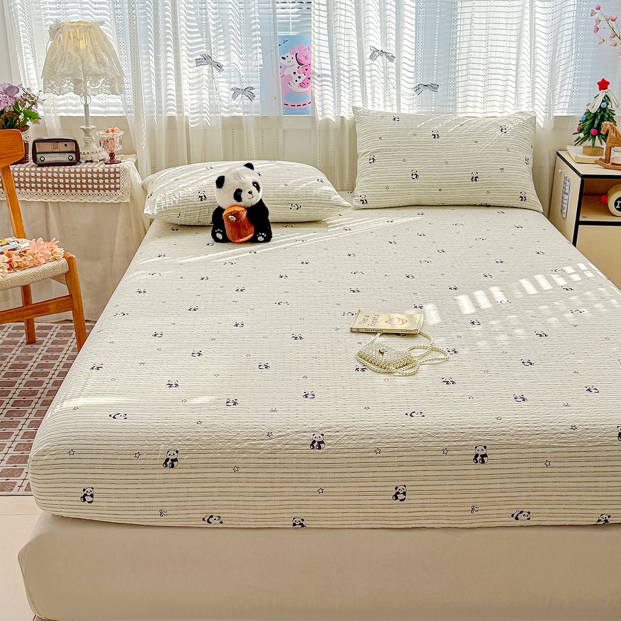 91家纺网 家纺一手货源 找家纺 N先生+V 13814689556 发大图/买家秀 2026春夏新款软糯糯泡芙纱单床笠 床笠单件 可爱熊猫（床笠）