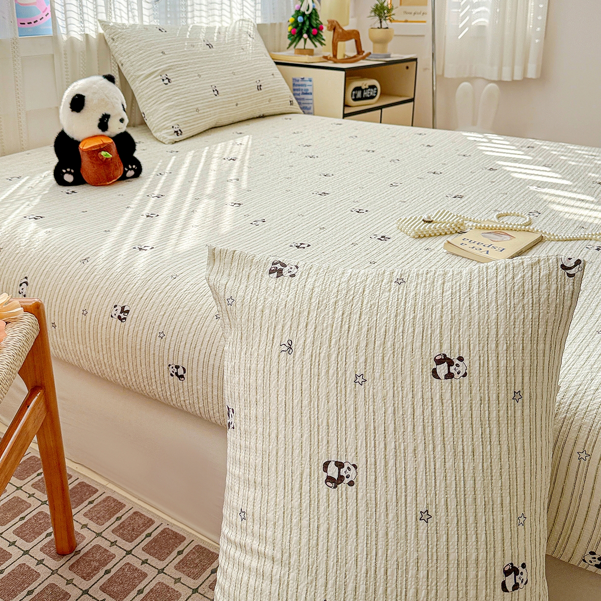 91家纺网 家纺一手货源 找家纺 N先生+V 13814689556 发大图/买家秀 2026春夏新款软糯糯泡芙纱单床笠 床笠单件 可爱熊猫（床笠）