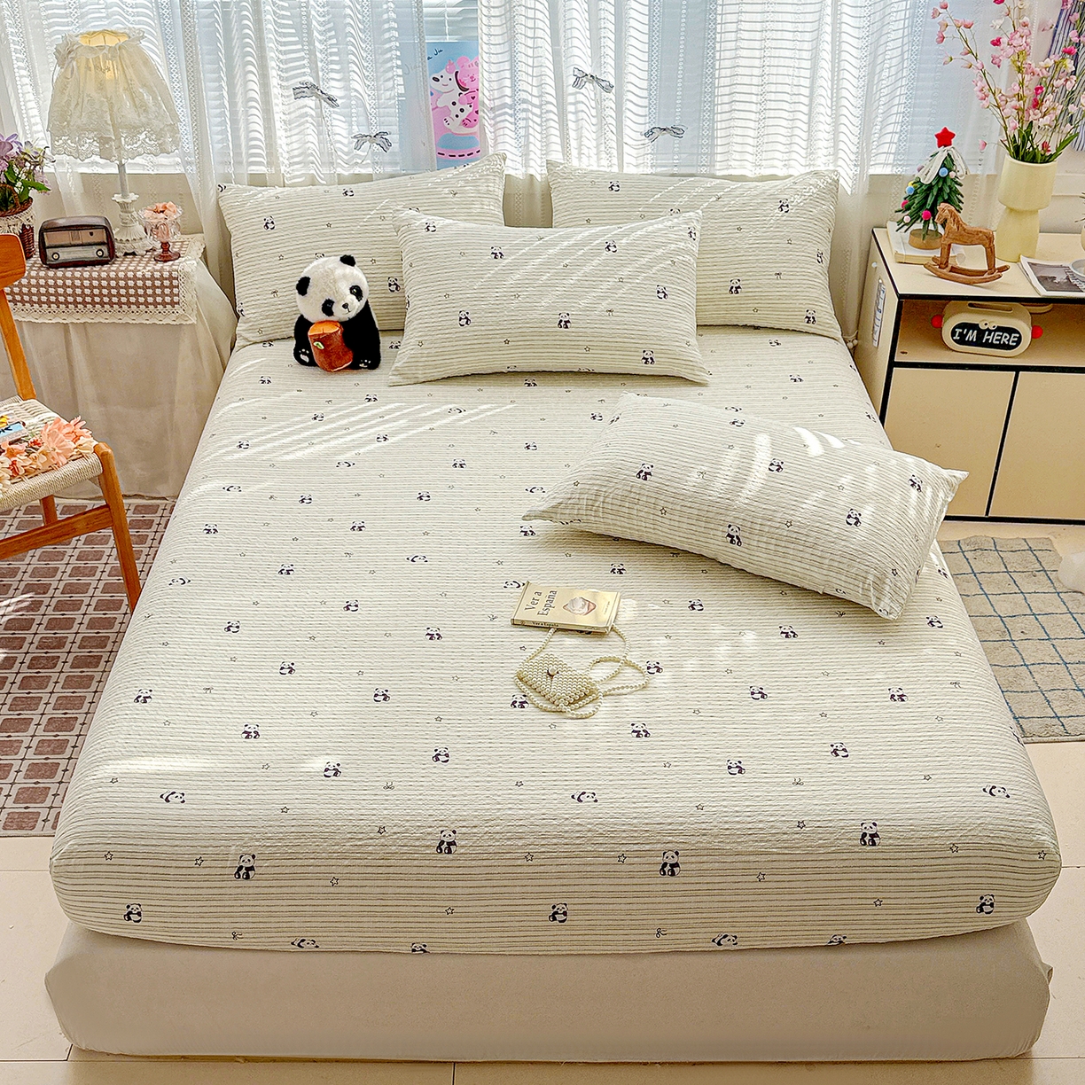 91家纺网 家纺一手货源 找家纺 N先生+V 13814689556 发大图/买家秀 2026春夏新款软糯糯泡芙纱单床笠 床笠单件 可爱熊猫（床笠）