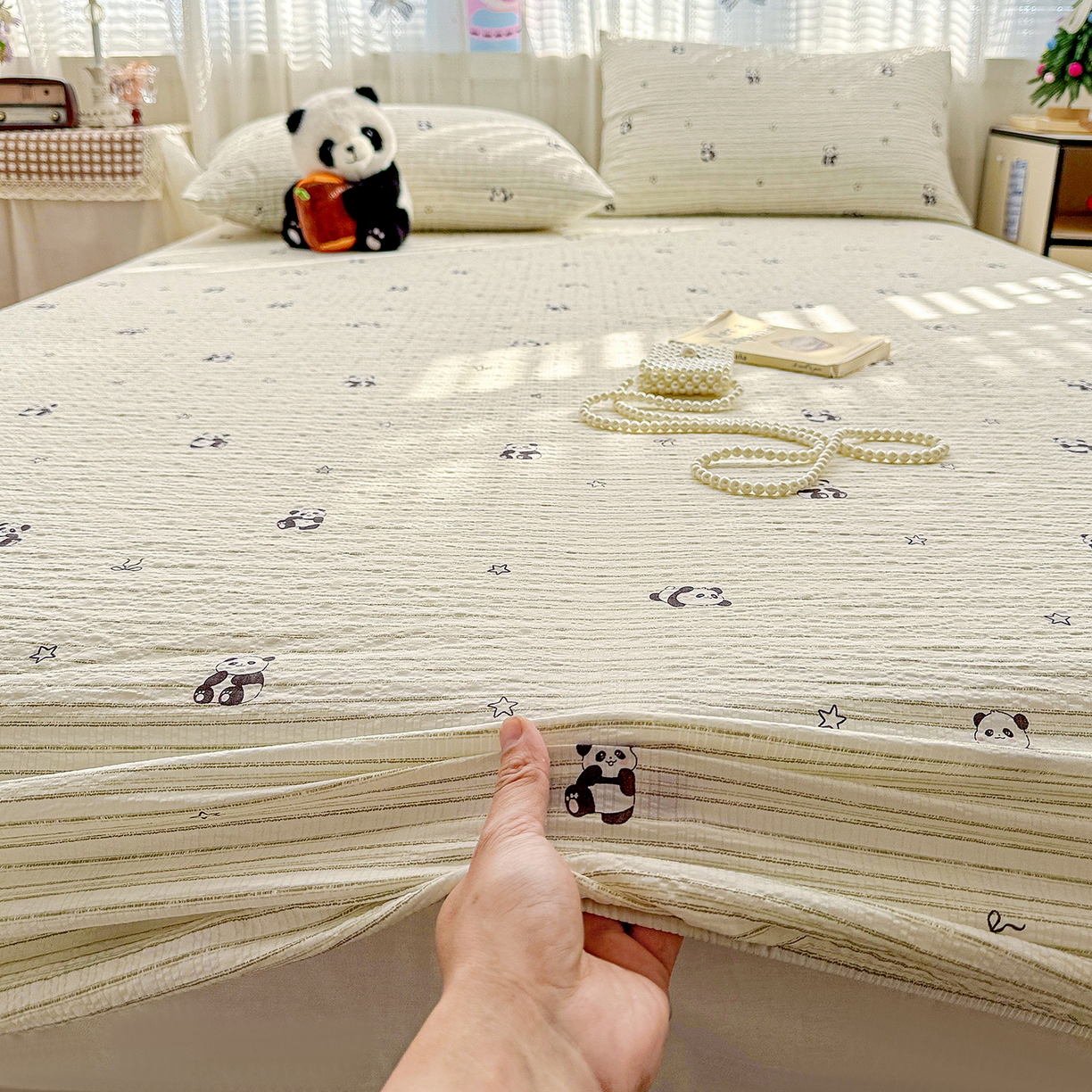 91家纺网 家纺一手货源 找家纺 N先生+V 13814689556 发大图/买家秀 2026春夏新款软糯糯泡芙纱单床笠 床笠单件 可爱熊猫（床笠）