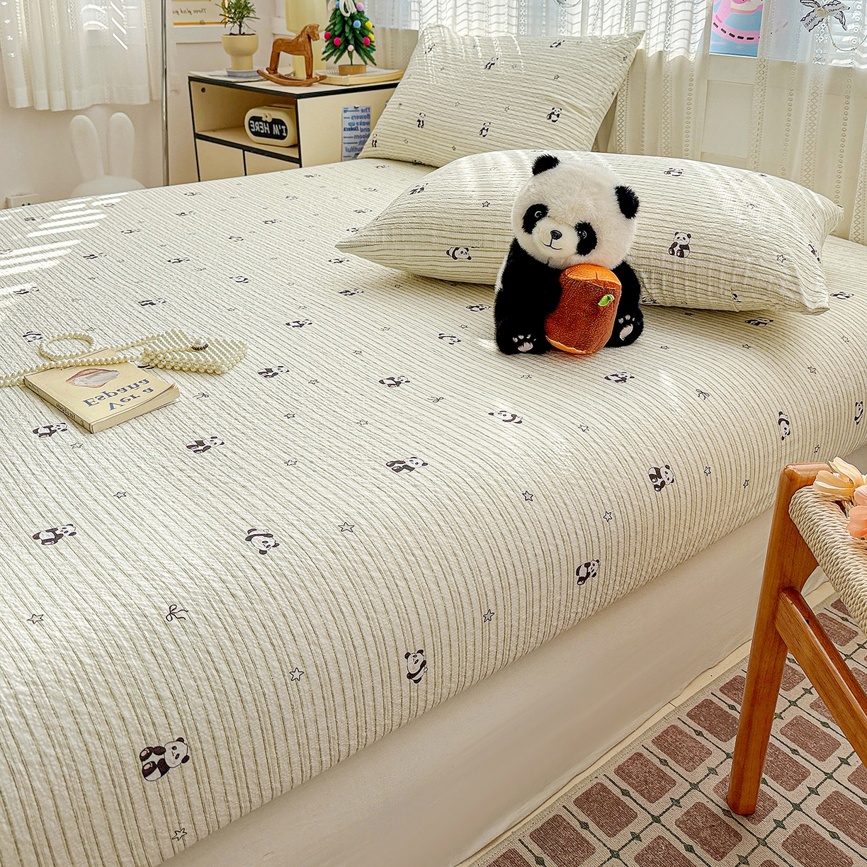 91家纺网 家纺一手货源 找家纺 N先生+V 13814689556 发大图/买家秀 2026春夏新款软糯糯泡芙纱单床笠 床笠单件 可爱熊猫（床笠）