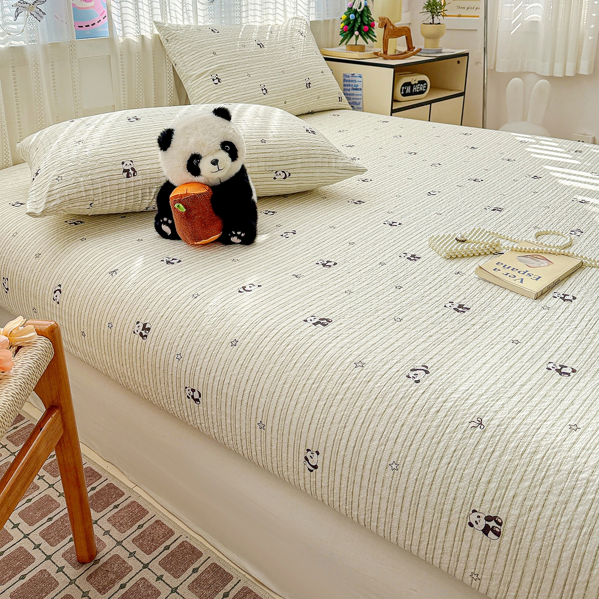 91家纺网 家纺一手货源 找家纺 N先生+V 13814689556 发大图/买家秀 2026春夏新款软糯糯泡芙纱单床笠 床笠单件 可爱熊猫（床笠）