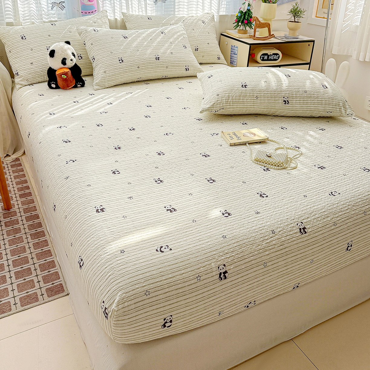 91家纺网 家纺一手货源 找家纺 N先生+V 13814689556 发大图/买家秀 2026春夏新款软糯糯泡芙纱单床笠 床笠单件 可爱熊猫（床笠）