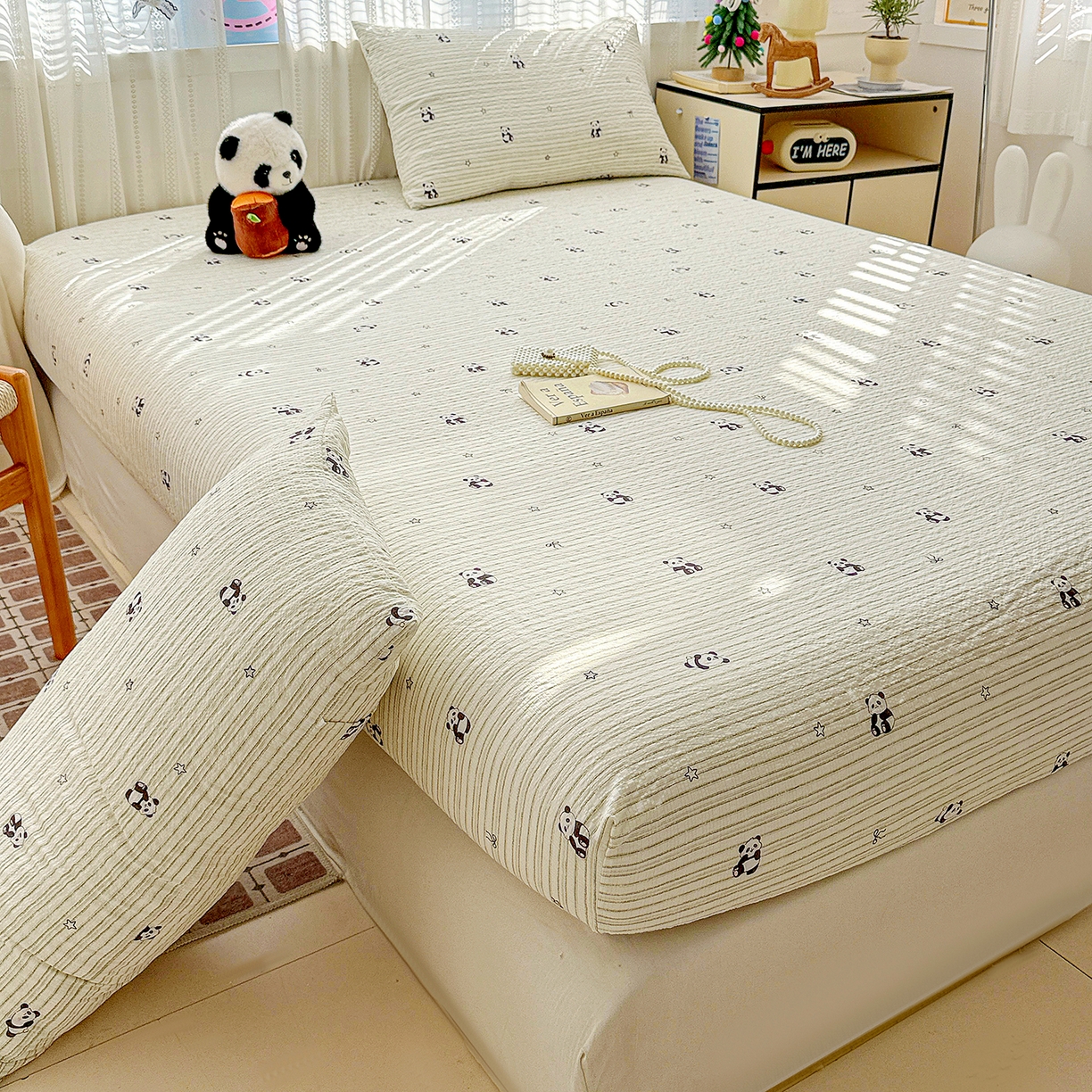 91家纺网 家纺一手货源 找家纺 N先生+V 13814689556 发大图/买家秀 2026春夏新款软糯糯泡芙纱单床笠 床笠单件 可爱熊猫（床笠）