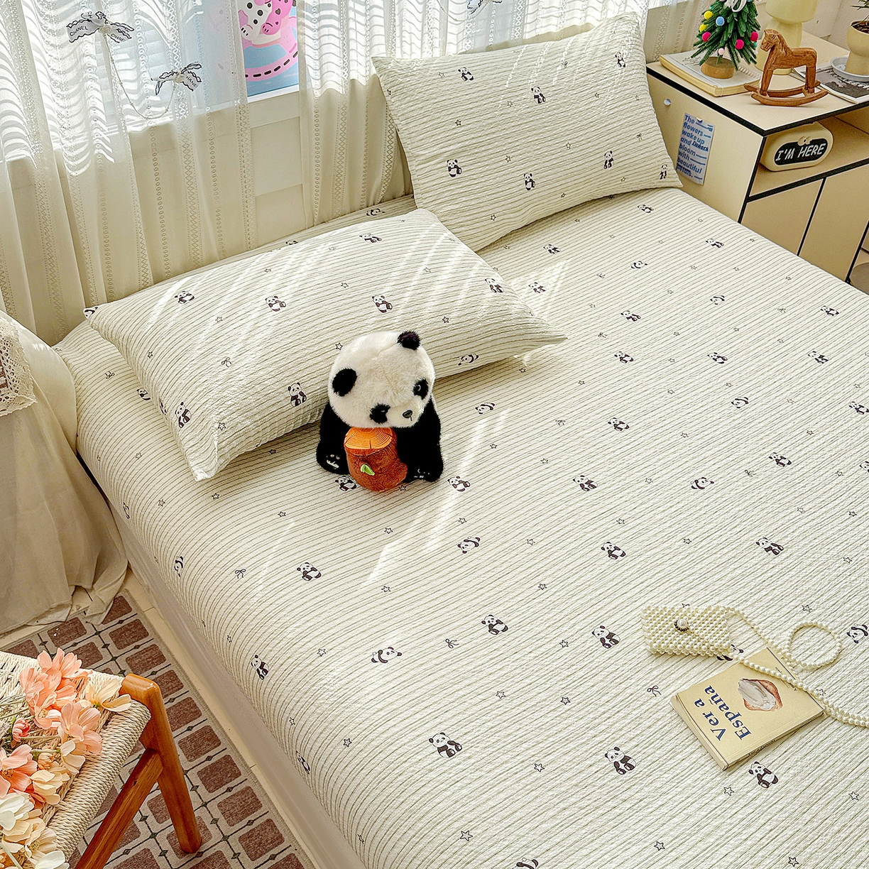 91家纺网 家纺一手货源 找家纺 N先生+V 13814689556 发大图/买家秀 2026春夏新款软糯糯泡芙纱单床笠 床笠单件 可爱熊猫（床笠）